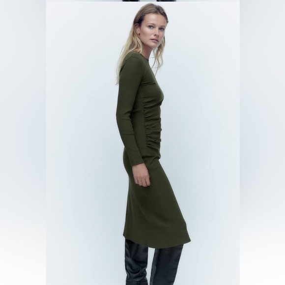 zara RUCHED DRESS KHAKI GREEN SZ L - Picture 5 of 14
